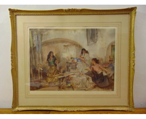 William Russell Flint framed and glazed polychromatic lithograph of three ladies, signed bottom right and with blind stamp, 4