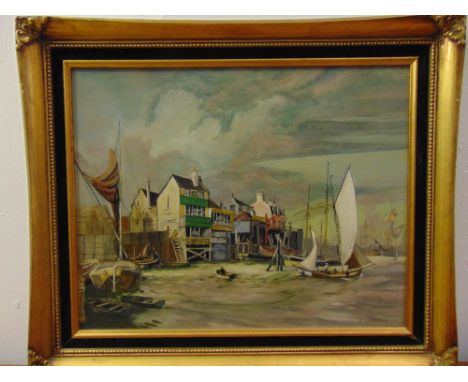 R. Lockyer framed oil on panel of houses and boats in a harbour, signed bottom right, 40.5 x 51cm ARR applies