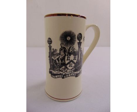 Grays Pottery Stoke on Trent Masonic mug with crest and dedication to sides, marks to the base