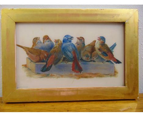 A framed painting on glass of birds at a trough monogrammed WDH dated 1887, 12.5 x 21cm