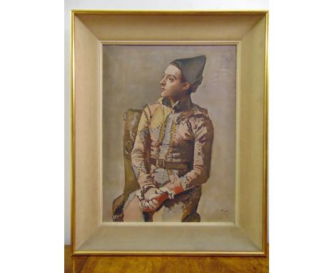 Picasso framed polychromatic lithograph titled Arlequin, label to verso, 55 x 41cm