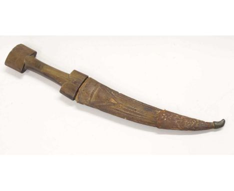 Tribal, possibly African or Middle Eastern, Jambia style dagger in leather scabbard, approx 40cm long