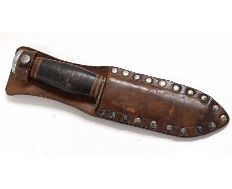 20th century hunting/fighting knife with leather scabbard, manufactured by W.H. Eacan &amp; Son, Sheffield, approx 22cm long