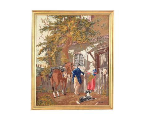 GILT FRAMED TAPESTRY. THE TRAVELLER. 45 X 37½ INCHES. IN GOOD CONDITION. 