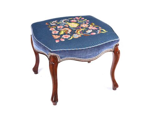 VICTORIAN TAPESTRY STOOL. RAISED ON FOUR CABRIOLE LEGS. HEIGHT: 17 INCHES. WIDTH: 23 INCHES.DEPTH: 22 INCHES. IN GOOD CONDITI