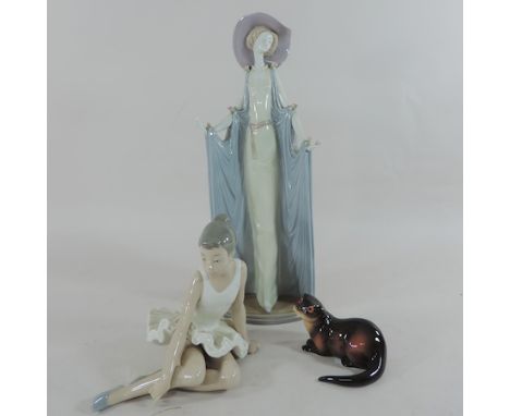 A Lladro figure of a lady, 36cm tall, together with a Nao figure of a girl and a model of an otter