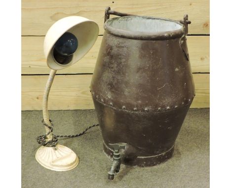 A metal studded well bucket, 47cm tall, together with a Suprema vintage painted metal desk lamp