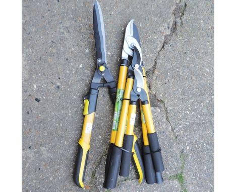 A pair of telescopic hedge shears, together with a telescopic lopper, pruner and shears set