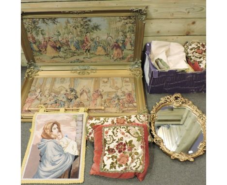 A tapestry, in a gilt frame, 42 x 93cm, together with another similar, a gilt framed wall mirror, various wall hangings and t
