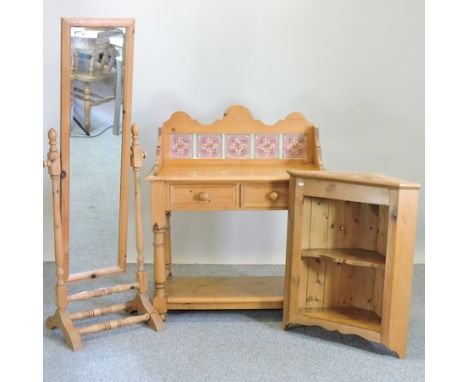 A pine wash stand, 92cm, together with a pine corner shelf and a cheval mirror