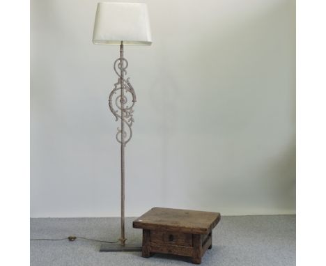 A small Eastern elm side table, with a single drawer, 56cm, together with an iron standard lamp 