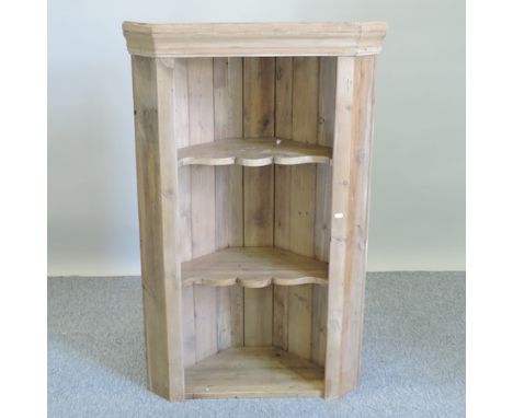 A 19th century pine hanging corner shelf, 81cm, together with a pine chest of drawers and a white painted pine bedside chest