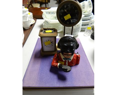 Small brass carriage clock together with another brass mantel clock & a reproduction metal money box etc
