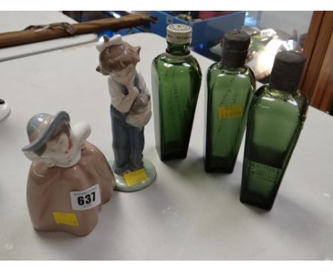 Two Nao porcelain figures &amp; a trio of old gin bottles