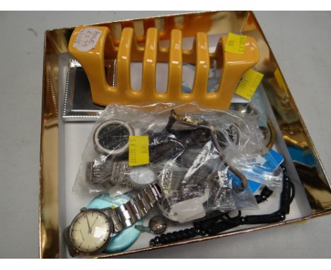 A parcel of watches & jewellery together with a Poole pottery toast rack