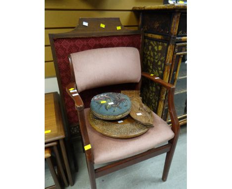 A parcel of items including fireguard, wall clock, chair, bead work stool etc