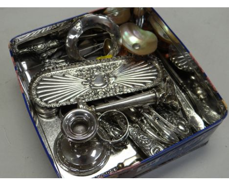 A good parcel of silver & other white metal items including several button hooks, silver Mappin & Webb oval dish, a mother-of
