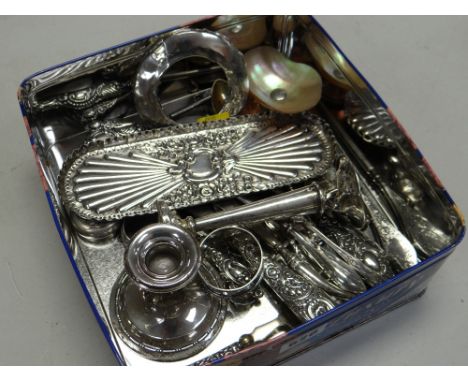 A good parcel of silver & other white metal items including several button hooks, silver Mappin & Webb oval dish, a mother-of