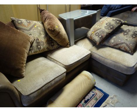 A modern leather & fabric corner sofa with scatter cushions together with a TV stand