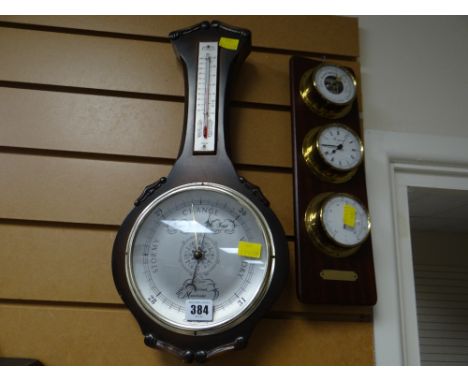 A modern wooden banjo thermometer barometer together with a modern three-section barometer clock thermometer