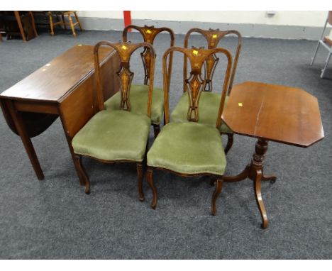 A drop leaf table together with four marquetry hall chairs (damaged & distressed) together with a tripod table