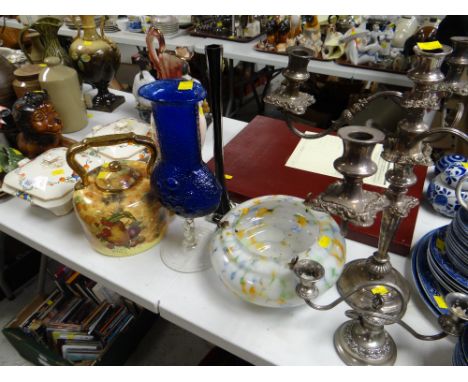 Two Crown Ducal covered tureens, a decorated ceramic kettle, glass lamp shade, EPNS candelabra etc