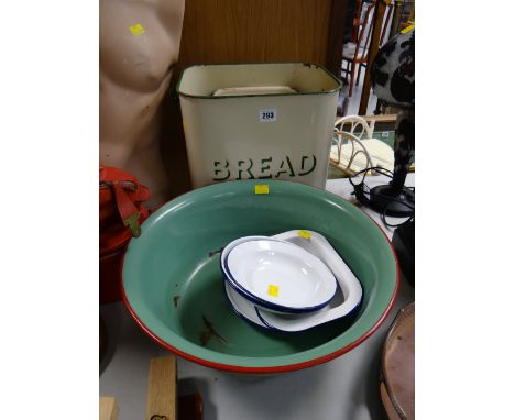 A vintage enamel bread bin & enamel wash bowl