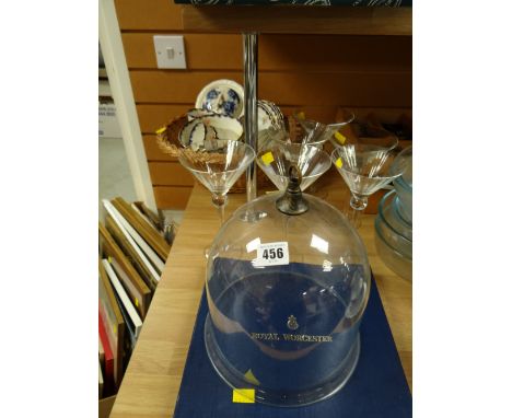 A basket of vintage Sutherland teaware, boxed Royal Worcester Contessa cake plate, glass dome, champagne glasses
