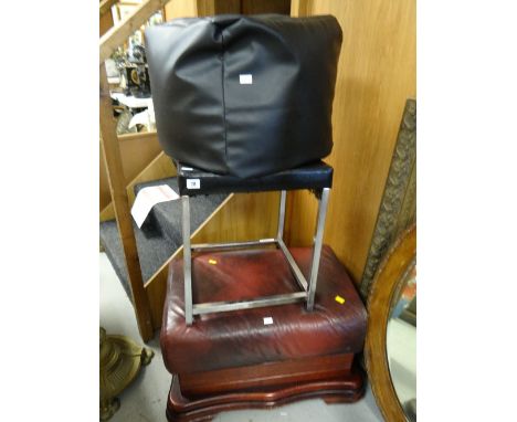 A modern black pouffe, a black leather (or effect) stool on chrome supports & an ottoman