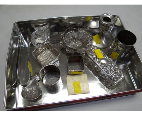 A parcel of silver / part-silver items including Dutch silver caddy spoon, dressing table jar, napkin ring etc