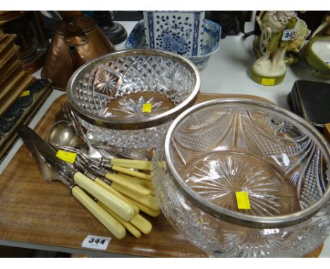 Two hallmarked silver rimmed fruit bowls together with a small parcel of flatware