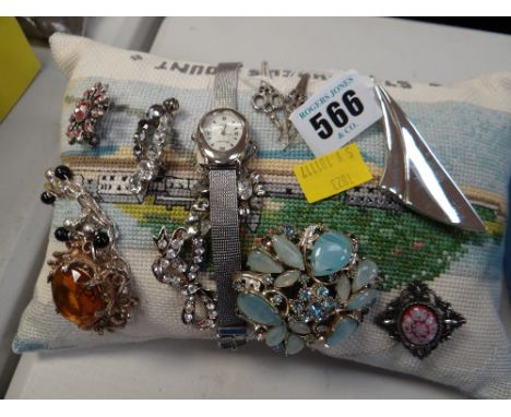 A St Michael's mount souvenir needlework cushion with various costume jewellery etc