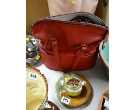 Onyx table lighter & ashtray together with a Harrod's leather handbag