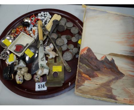 Parcel of collectables including beads, coinage, brass tuning fork, flatware etc