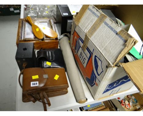 A boxed Kinay 816 reel-to-reel cinefilm viewer together with vintage Kodak cameras & tripod camera stand