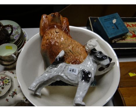 A Newhall Staffordshire wash bowl, Staffordshire dog, Beswick terrier & one other