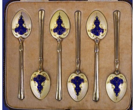 Good set of sterling silver & enamel teaspoons hallmarked Birmingham 1926, in original box
