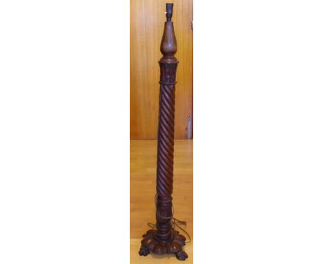 Vintage barley spiral twist wooden standard lamp on circular tri-footed base. H140cms approx.