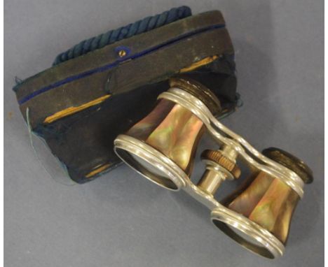 Pair of vintage paua shell opera glasses in original case