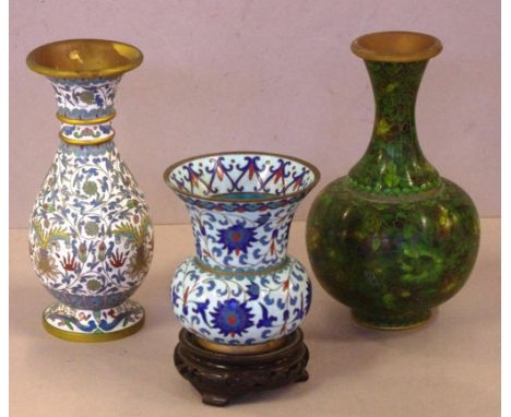 Three vintage Chinese cloisonne vases one on carved timber base, H18.5cm approx