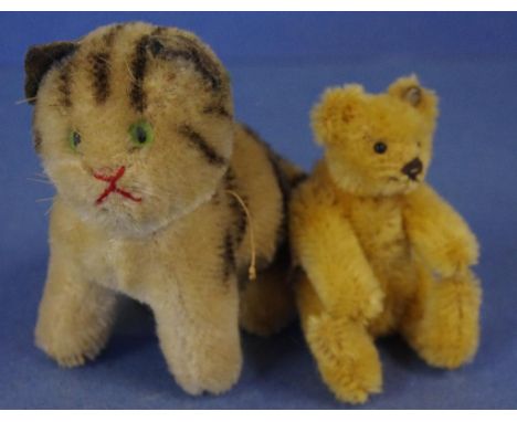 Vintage Steiff miniature teddy bear and cat H9.5cm approx (tallest)