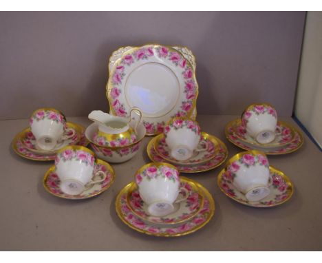 Part Tuscan tea set rose pattern, comprising 4 trios, 2 further cups & saucers, cake plate, sugar & milk jug