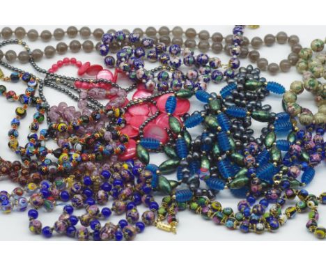 Box of vintage bead necklaces to include Venetian glass, cloisonne, and pearls