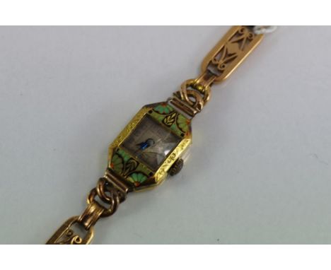 Ladies art deco 18K gold & enamel cased wristwatch not working, broken glass, with 14ct gold bracelet type band, total weight
