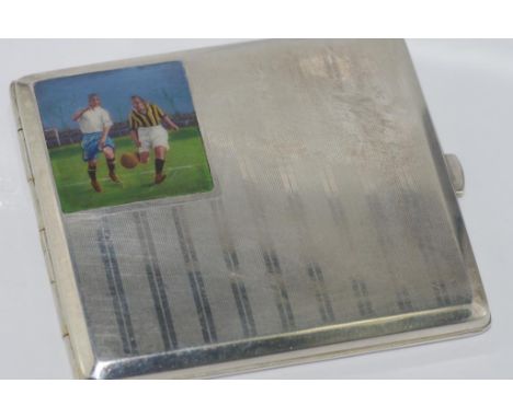 Enamelled soccer cigarette case made from Alpaca silver (Alloy)