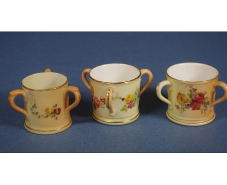 Three Royal Worcester miniature loving cups These beautiful miniature three handled cups are delightfully hand painted with f