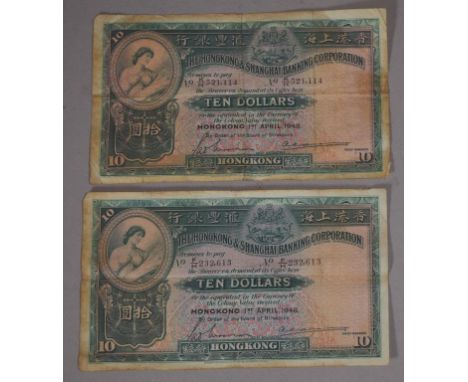 2 The Hongkong & Shanghai Banking Corporation $10 ten dollar notes, both 1st April 1948, F/H 232613 and K/H 521114, 18cm x 10