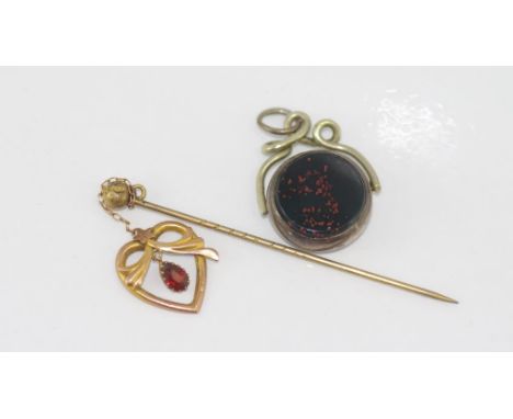 9ct stick pin & hallmarked silver swivel with bloodstone and carnelian