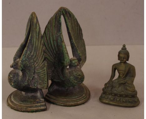 Pair of vintage cast metal turkey bookends together with a cast metal seated Buddha figure, H16cm approx (largest)