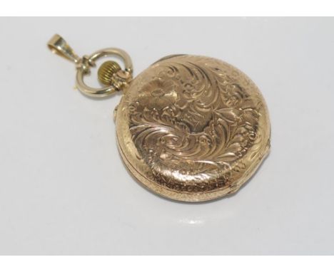 Ladies gold and enamel open face fob watch marked 14K inside and not working when tested, total weight: approx 29 grams